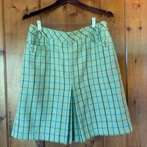 Plaid Pleated Skirt in Green and Blue wool, split front with pleats